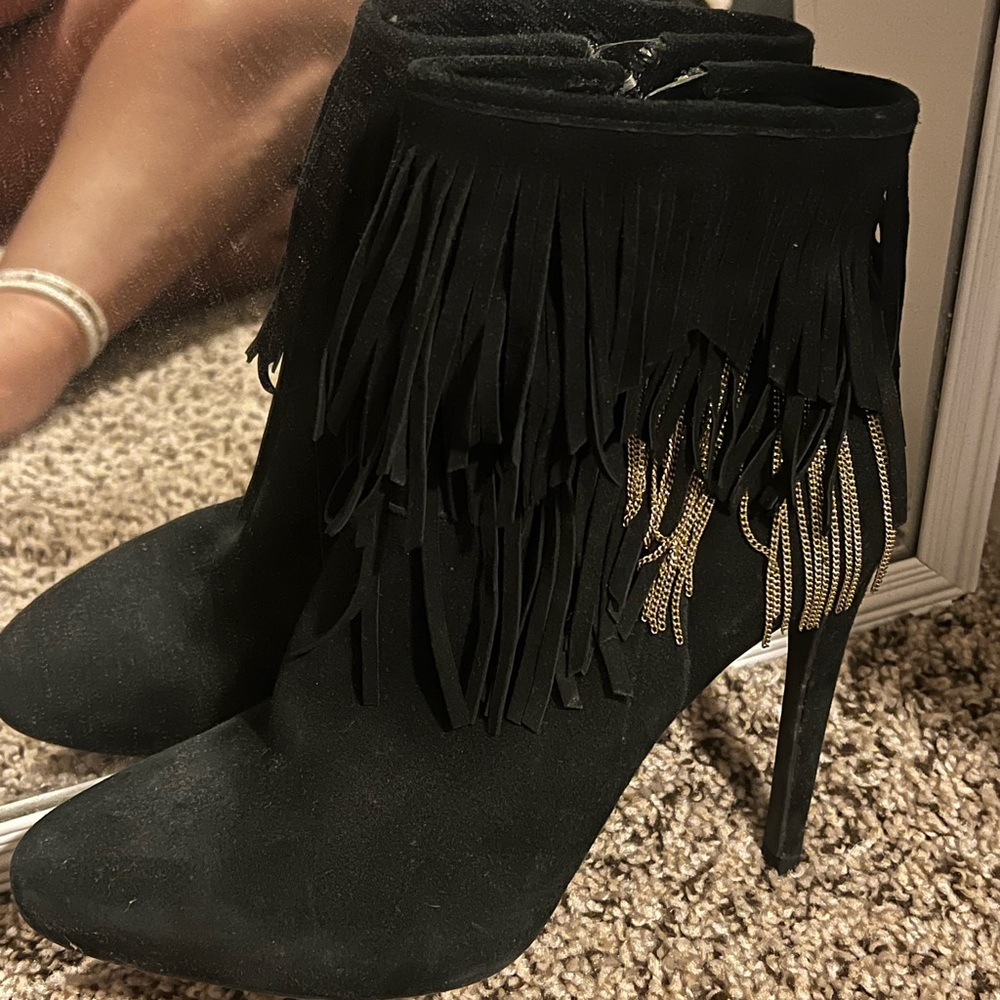 Gianni Bini Black Heeled Boots with Fringe Detail